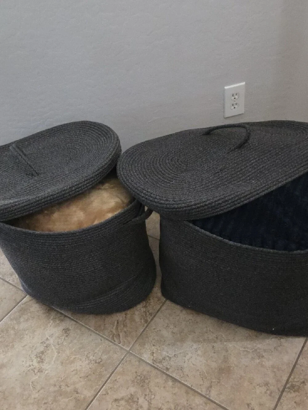 2 Woven Oval Storage Baskets with Lids- Grey